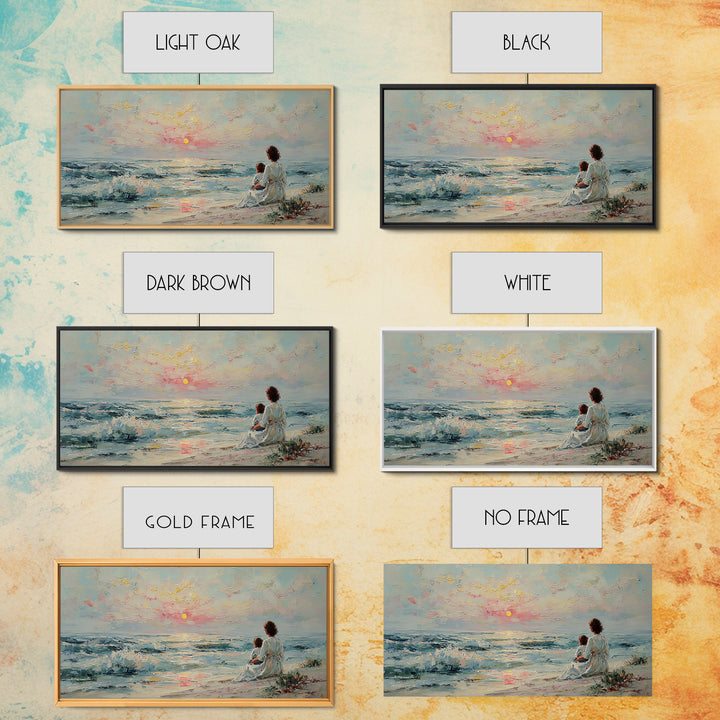 Mother And Child Watching Pastel Sea Sunset Wall Art, Coastal Framed Canvas Print, Nursery Decor, Gift For Mom, Beach Decor