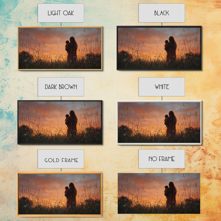 Mother And Baby Silhouette At Golden Sunset Wall Art, Rustic Landscape Canvas Print, Nursery Decor, Gift For Mom, Moody Wall Art