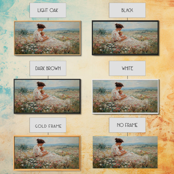 Mother Cuddling Baby In Daisy Meadow Wall Art, Textured Impressionist Canvas Print, Feminine Nursery Decor, Gift For Her
