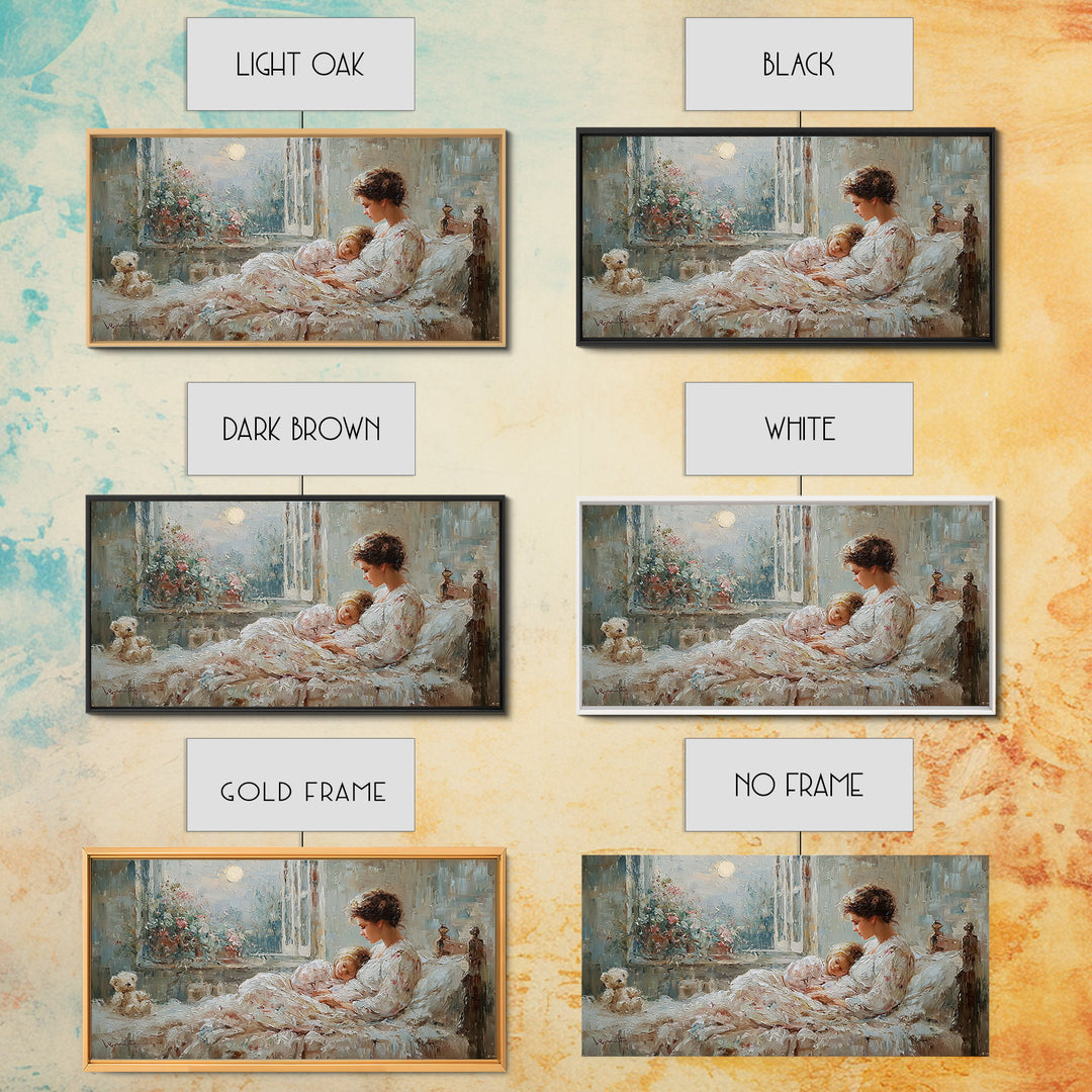 Mother And Child In Moonlit Bedroom Wall Art, Romantic Impressionist Canvas Print, Cozy Nursery Decor, Gift For Mom, Home Decor