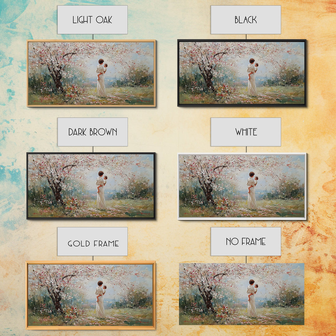 Mother And Baby Under Cherry Blossoms Wall Art, Spring Impressionist Landscape Canvas Print, Pink Floral Decor, Gift For Mom