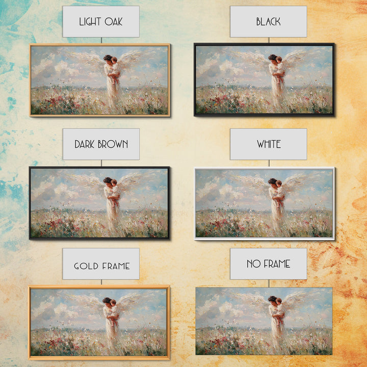 Angel Mother Holding Baby In Flower Meadow Canvas Print, Christian Wall Art, Heavenly Nursery Decor, Baby Shower Gift For New Mom