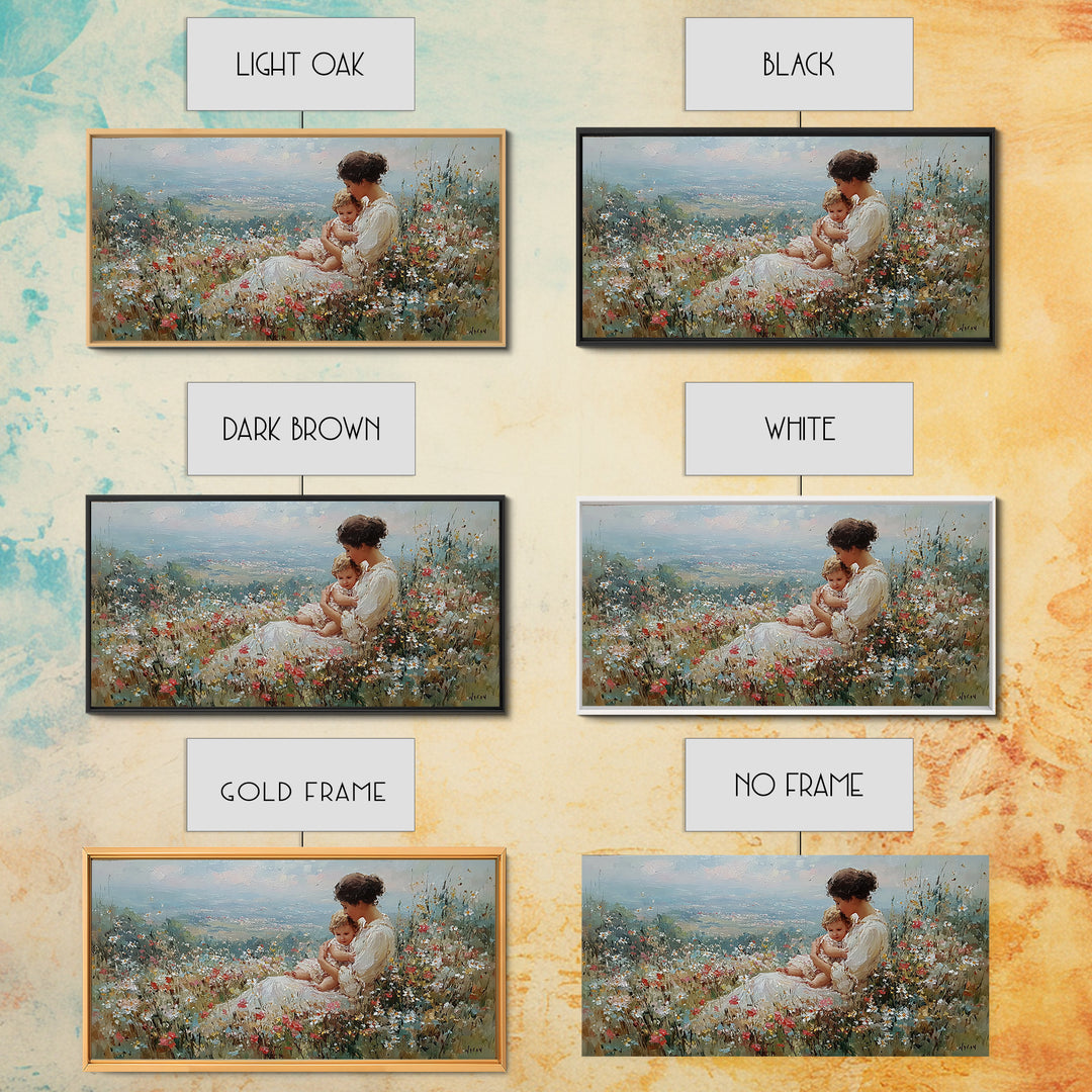 Mother Holding Baby In Wildflower Meadow Canvas Print, Impressionist Floral Landscape, Nursery Wall Art, Housewarming Gift