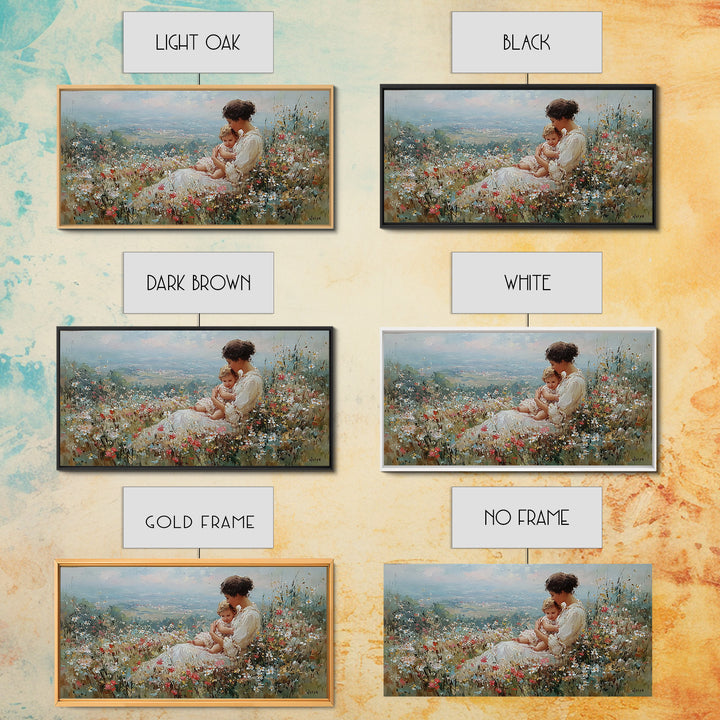 Mother Holding Baby In Wildflower Meadow Canvas Print, Impressionist Floral Landscape, Nursery Wall Art, Housewarming Gift