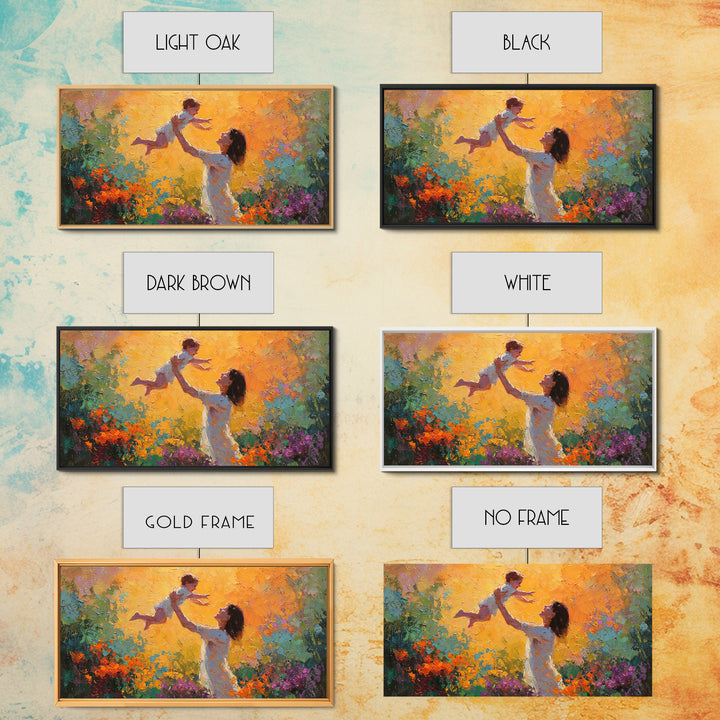 Mother Lifting Child In Glowing Sunset Garden Canvas Print, Colorful Impressionist Painting, Joyful Family Wall Art, Gift For Mom