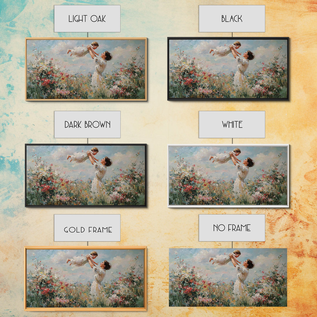 Mother Lifting Daughter Above Wildflower Garden Framed Canvas Print, Impressionist Floral Wall Art, Nursery Decor, Gift For Her