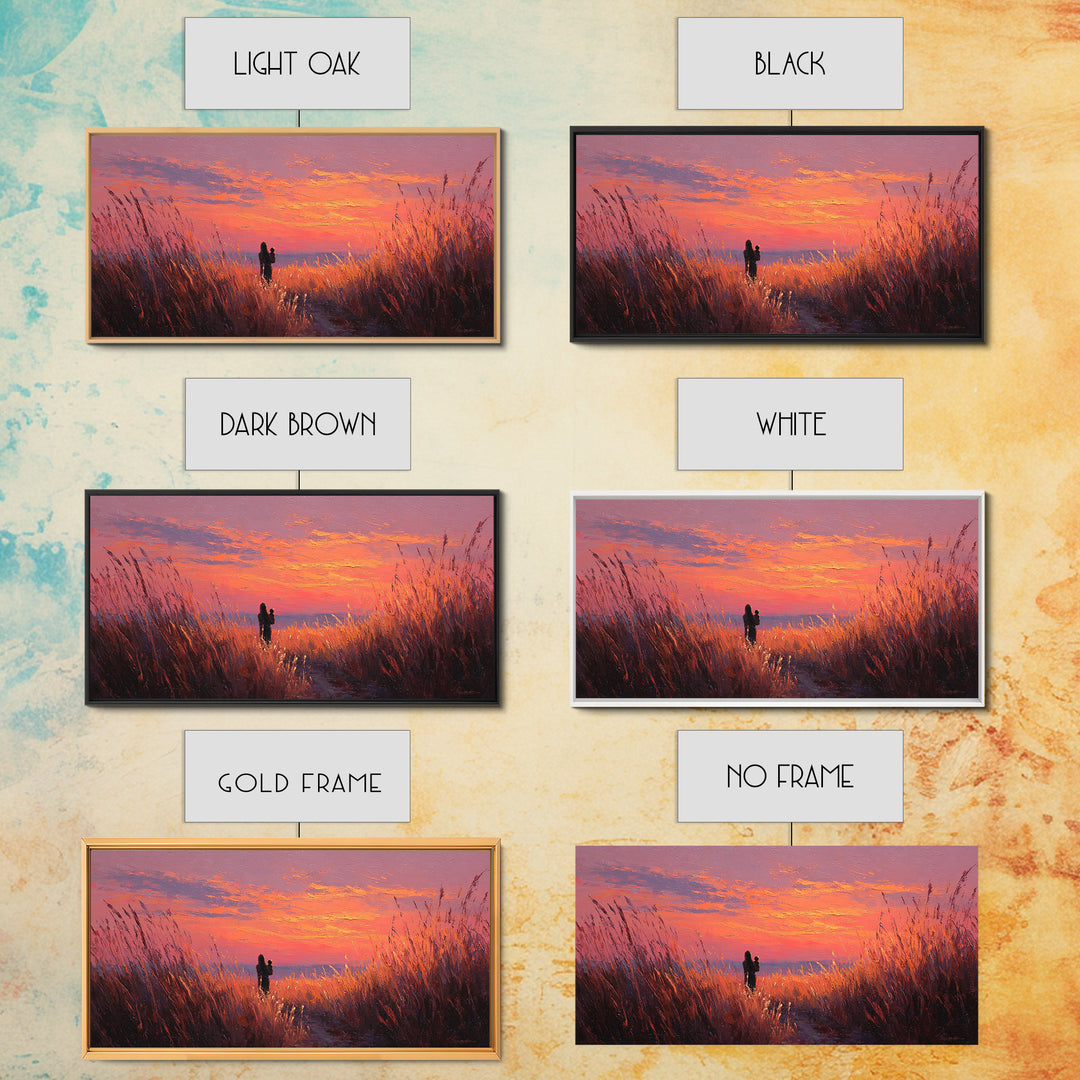 Mother And Child Sunset Grasslands Canvas Print, Romantic Landscape Wall Art, Warm Coastal Decor, Nursery, New Home Gift For Her