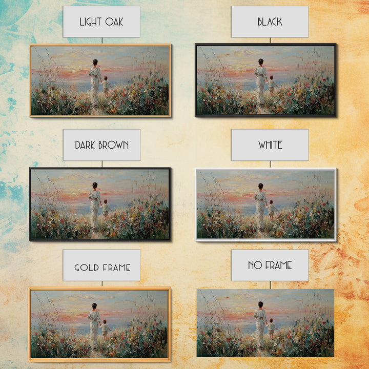 Mother And Child Ocean Meadow Wall Art, Impressionist Wildflower Seascape, Coastal Nursery Decor, Framed Canvas Print, Gift For Her