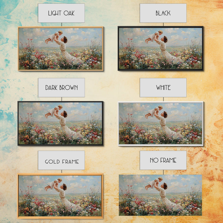 Mother Lifting Baby By Coastal Wildflower Meadow Wall Art, Impressionist Framed Canvas Print, Beach House Decor, Gift For Mom