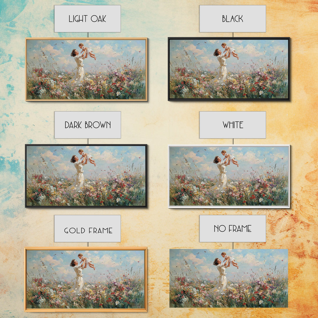 Mother Lifting Baby In Wildflower Meadow Wall Art, Impressionist Canvas Print, Floral Nursery Decor, Gift For Mom, Home Decor