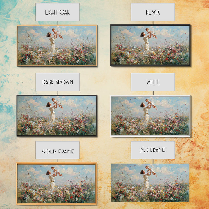Mother Lifting Baby In Wildflower Meadow Wall Art, Impressionist Canvas Print, Floral Nursery Decor, Gift For Mom, Home Decor