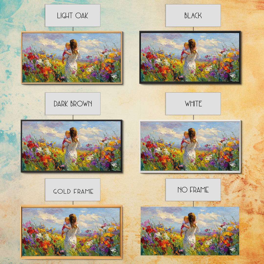 Woman Holding Baby In Vibrant Wildflower Meadow Framed Canvas Print, Mothers Day Gift, Floral Wall Art, Nursery Decor, Living Room Decor
