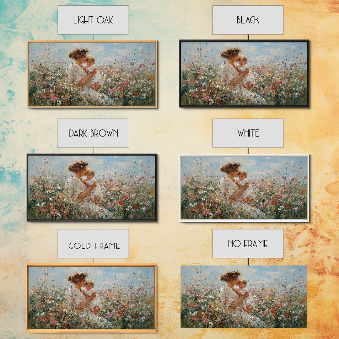 Mother Lifting Baby In Blooming Flower Field Framed Canvas Print, Impressionist Floral Nursery Art, Gift For Mom Home Decor