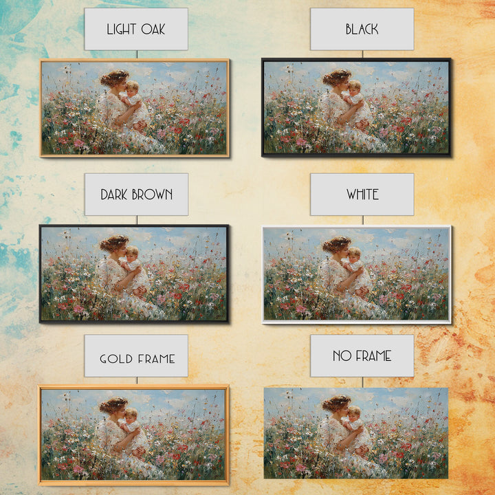 Mother Lifting Baby In Blooming Flower Field Framed Canvas Print, Impressionist Floral Nursery Art, Gift For Mom Home Decor