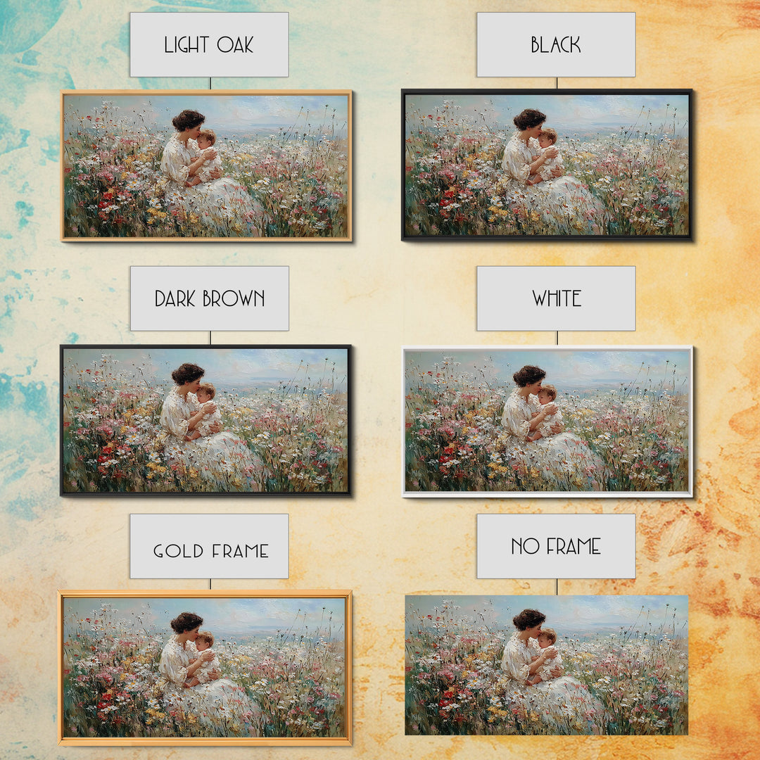 Seated Mother And Child In Coastal Wildflower Meadow Canvas Print, Impressionist Family Wall Art, Nursery Decor Gift For Her