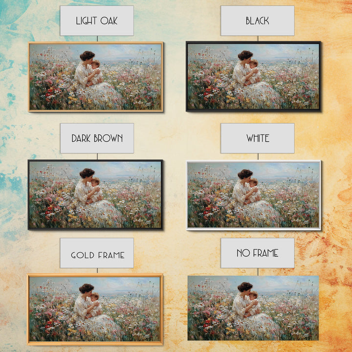 Seated Mother And Child In Coastal Wildflower Meadow Canvas Print, Impressionist Family Wall Art, Nursery Decor Gift For Her