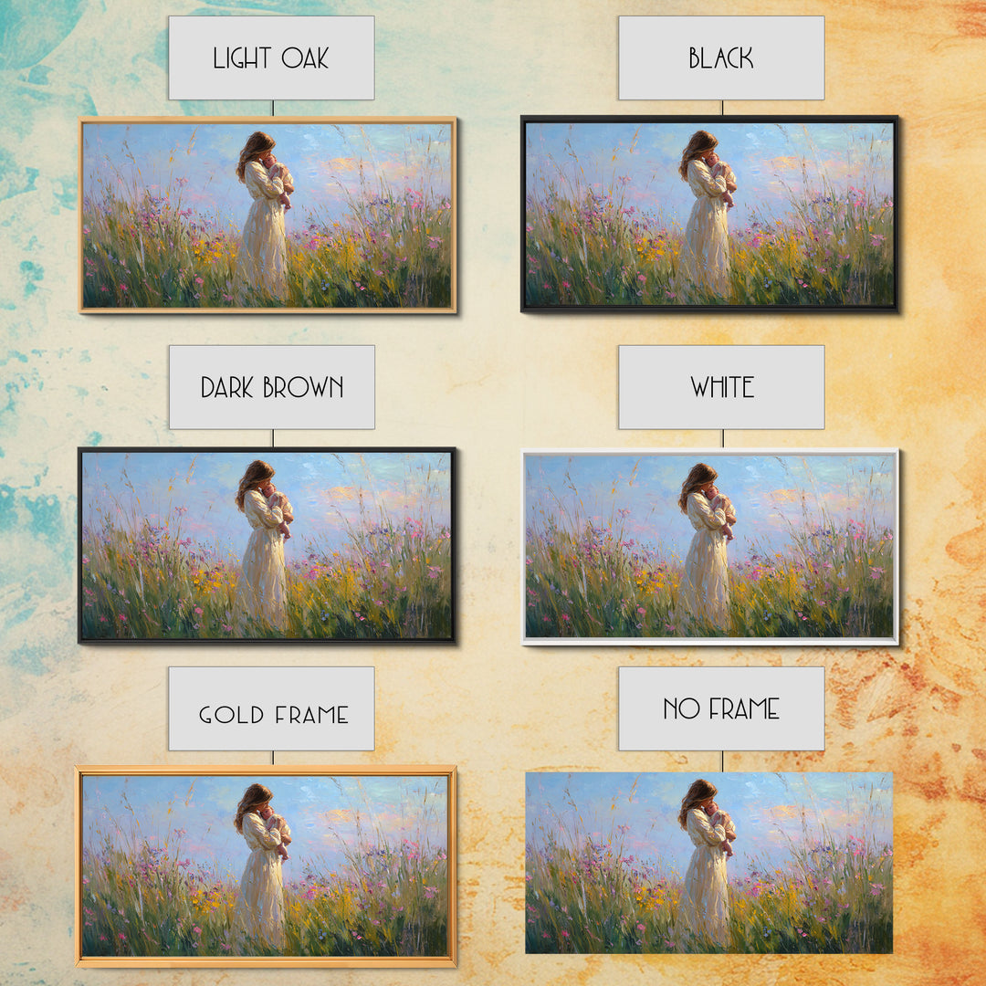 Backlit Mother And Baby In Sunlit Meadow Canvas Print, Impressionist Wildflower Wall Art, Feminine Nursery Decor Gift For Mom