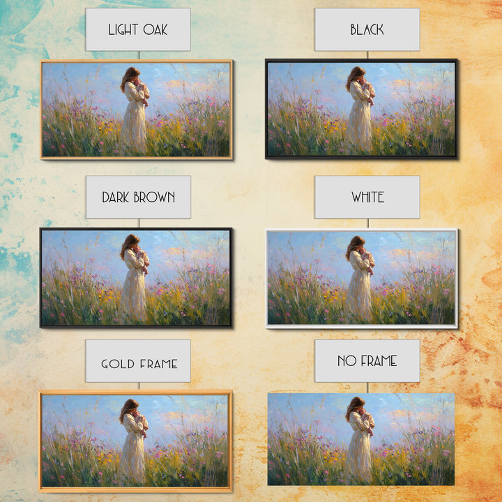 Backlit Mother And Baby In Sunlit Meadow Canvas Print, Impressionist Wildflower Wall Art, Feminine Nursery Decor Gift For Mom