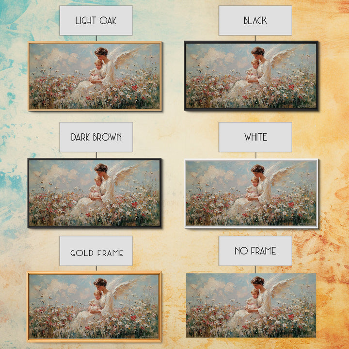 Guardian Angel With Baby Canvas Print, White Wildflower Meadow Painting, Christian Nursery Wall Art, Spiritual Gift For Mom