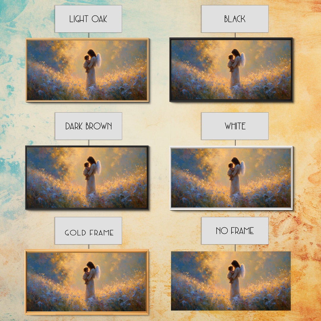 Guardian Angel Mother And Child In Golden Wildflower Meadow Wall Art, Christian Nursery Decor, Spiritual Gift For Mom, Home Decor
