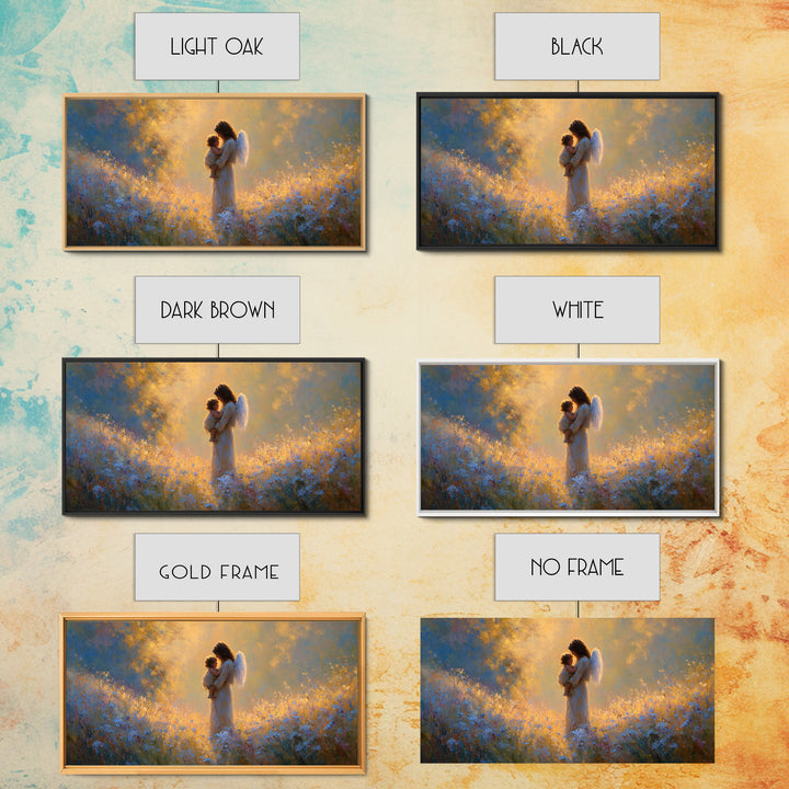Guardian Angel Mother And Child In Golden Wildflower Meadow Wall Art, Christian Nursery Decor, Spiritual Gift For Mom, Home Decor