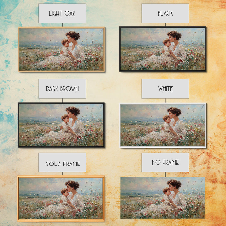 Seated Mother And Child In Soft Wildflower Field Canvas Print, Impressionist Floral Wall Art, Gift For Mom, Living Room Decor