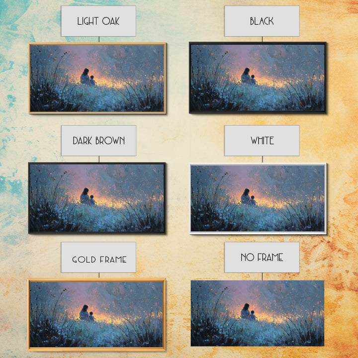 Silhouetted Mother And Child In Glowing Blue Meadow Canvas Print, Moody Wall Art, Celestial Nursery Decor Gift For Mom, Home Decor