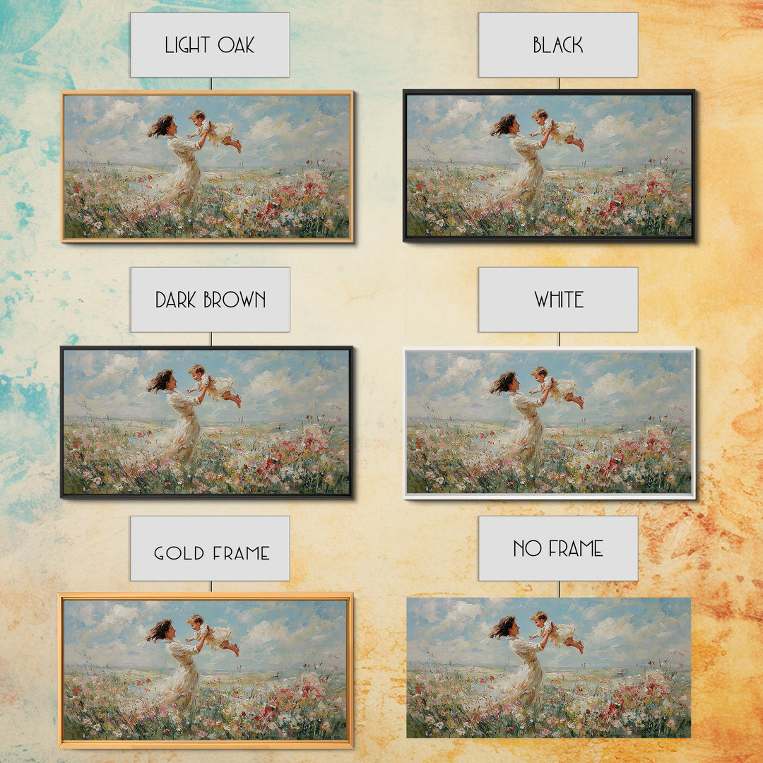 Mother Lifting Baby In Breezy Flower Field Canvas Print, Impressionist Wall Art For Nursery, Bedroom Decor, And Gift For Her