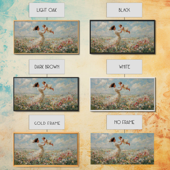 Mother Lifting Baby In Breezy Flower Field Canvas Print, Impressionist Wall Art For Nursery, Bedroom Decor, And Gift For Her