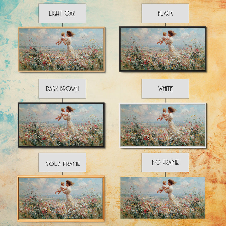Mother Holding Baby In Seaside Wildflower Meadow Wall Art, Coastal Canvas Print For Nursery Decor And Mothers Day Gift For Her