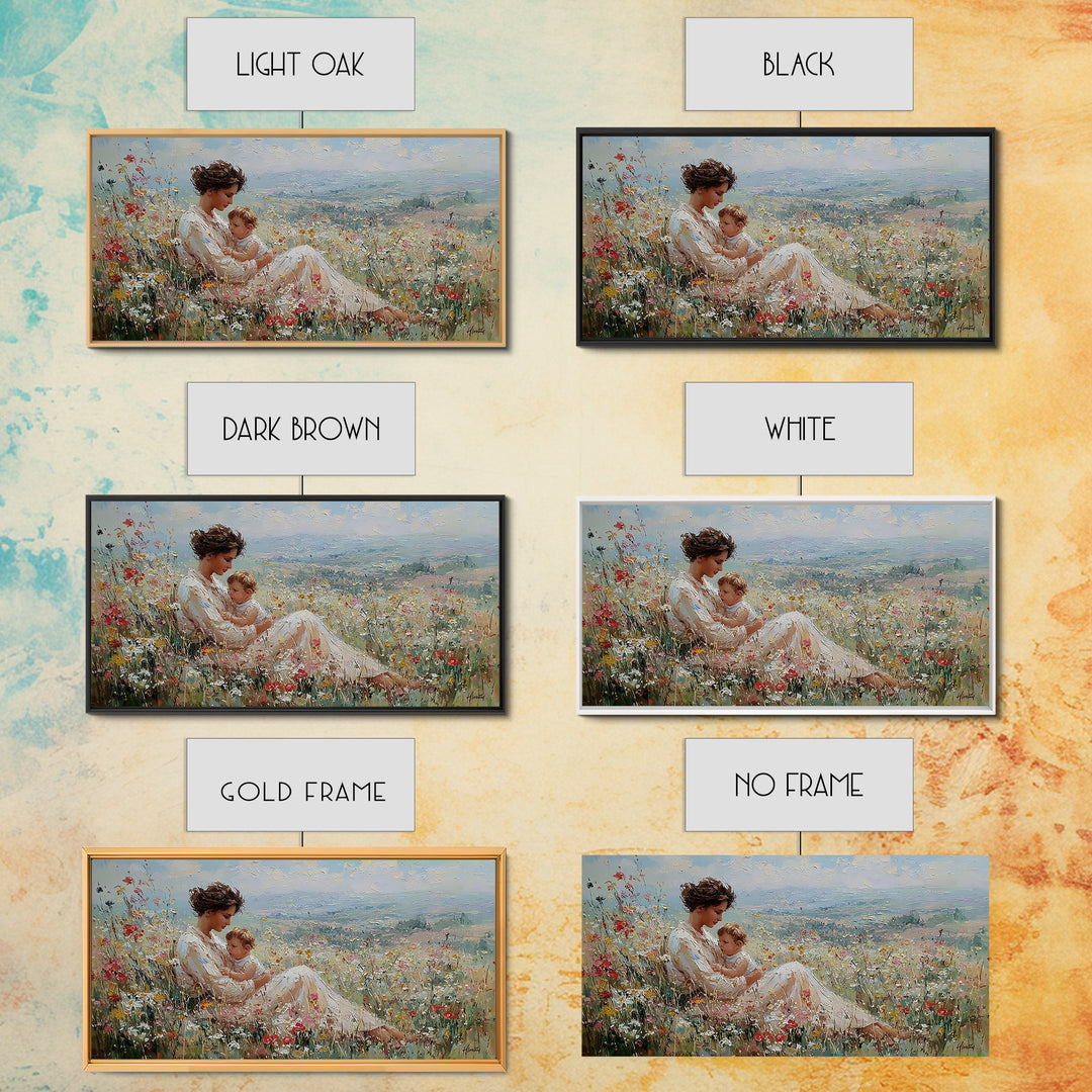 Nursing Mother With Baby In Sunlit Flower Meadow Wall Art, Impressionist Canvas Print For Nursery Decor And Housewarming Gift