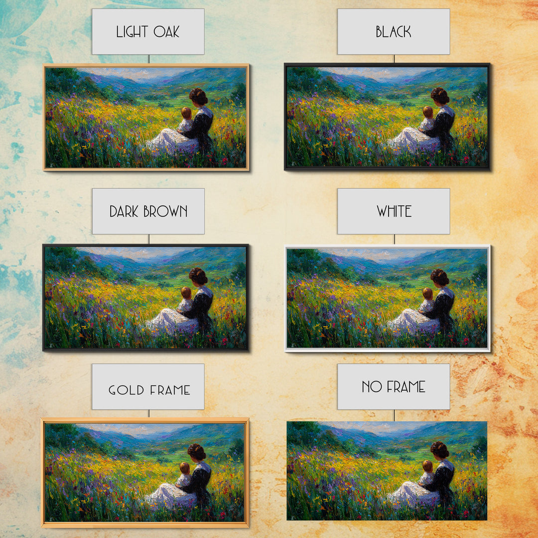 Mother And Child In Wildflower Mountain Meadow Wall Art, Impressionist Landscape, Nursery Decor, Gift For Mom, Living Room Decor