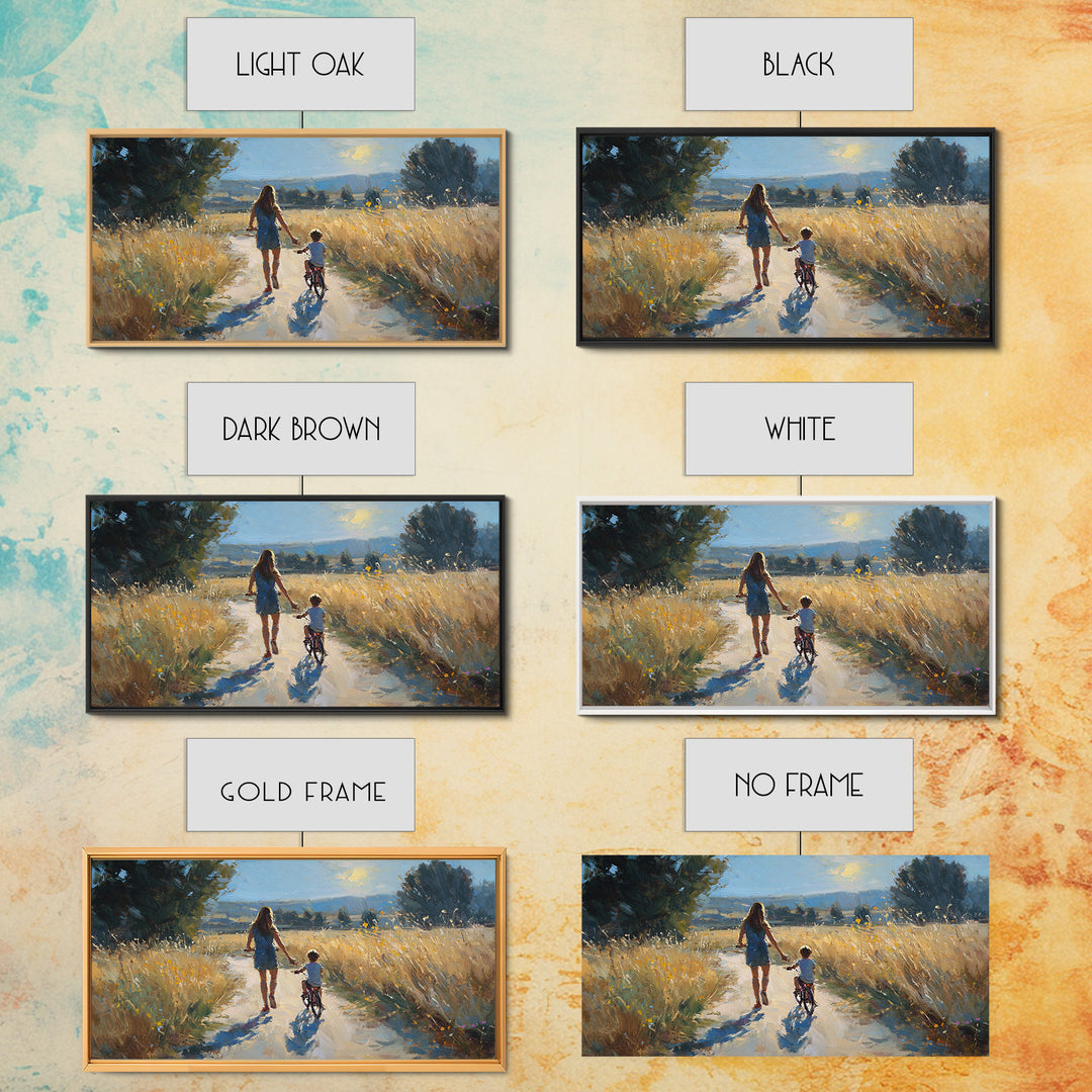 Mother Walking Child With Bicycle Through Golden Fields Canvas Print, Country Landscape Wall Art, Family Living Room Decor