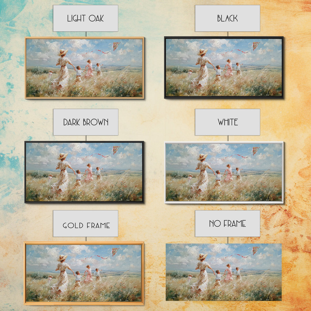 Woman And Children Run With Kite Canvas Print, Windy Meadow Wall Art, Coastal Landscape Art, Nursery Decor, Gift For Mom