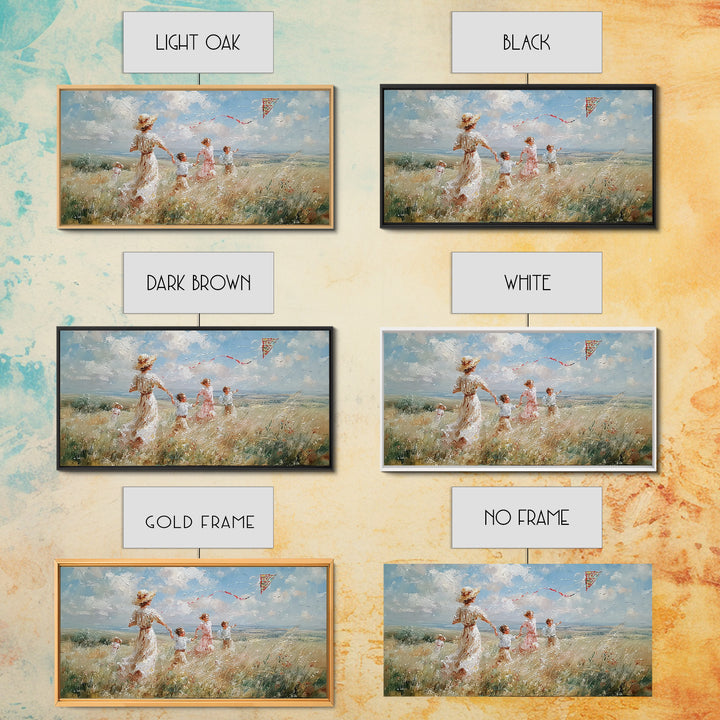 Woman And Children Run With Kite Canvas Print, Windy Meadow Wall Art, Coastal Landscape Art, Nursery Decor, Gift For Mom
