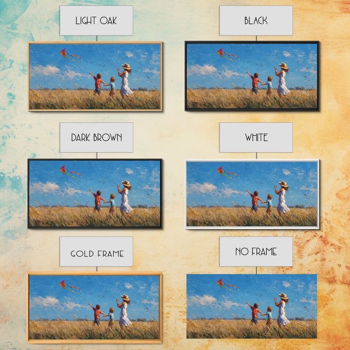 Mother And Sons Flying Kite Canvas Print, Sunny Grassland Wall Art, Family Home Decor, Nursery Art, Housewarming Gift For Mom