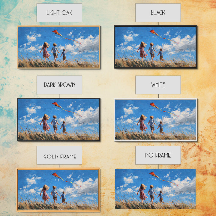 Three Children Chase Red Kite Canvas Print, Breezy Summer Field Wall Art, Kids Room Decor, Coastal Landscape Gift For Her