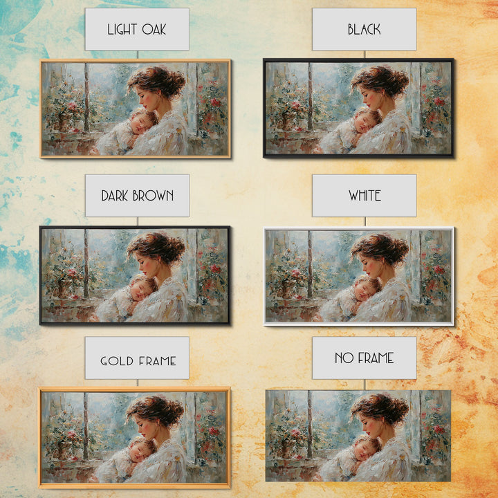 Tender Mother And Baby By Rainy Window Canvas Print, Impressionist Nursery Wall Art, Floral Bedroom Decor, New Mom Gift, Home Decor