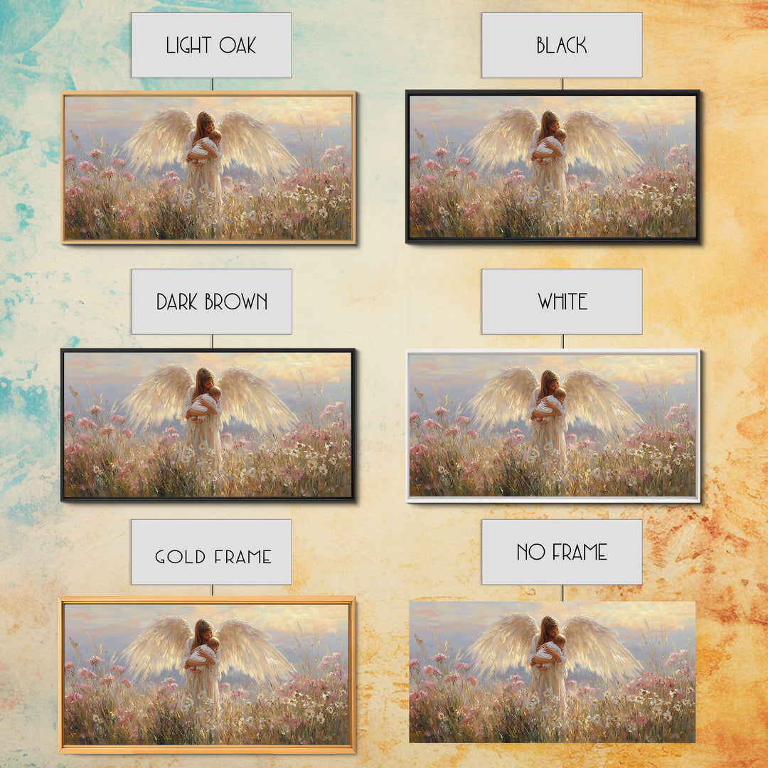 Radiant Angel Cradling Infant In Wildflower Field Canvas Print, Christian Wall Art, Spiritual Nursery Decor, Baby Shower Gift