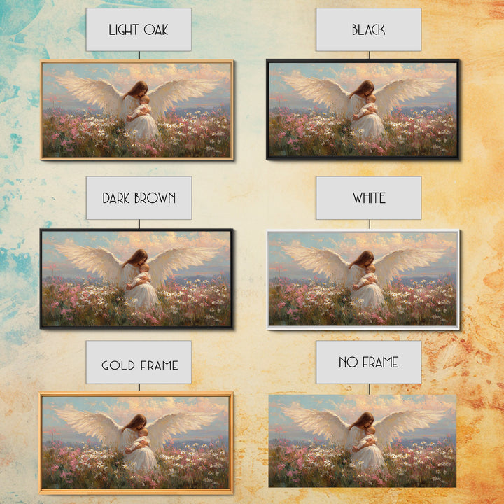 Angel Mother Nursing Baby Among Wildflowers Framed Canvas Print, Spiritual Wall Art, Christian Nursery Decor, Gift For Mom