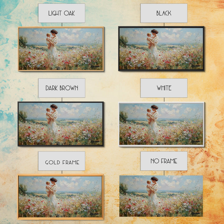 Mother And Toddler In Blooming Meadow Canvas Print, Impressionist Wall Art, Floral Nursery Decor, Living Room Wall Art Print