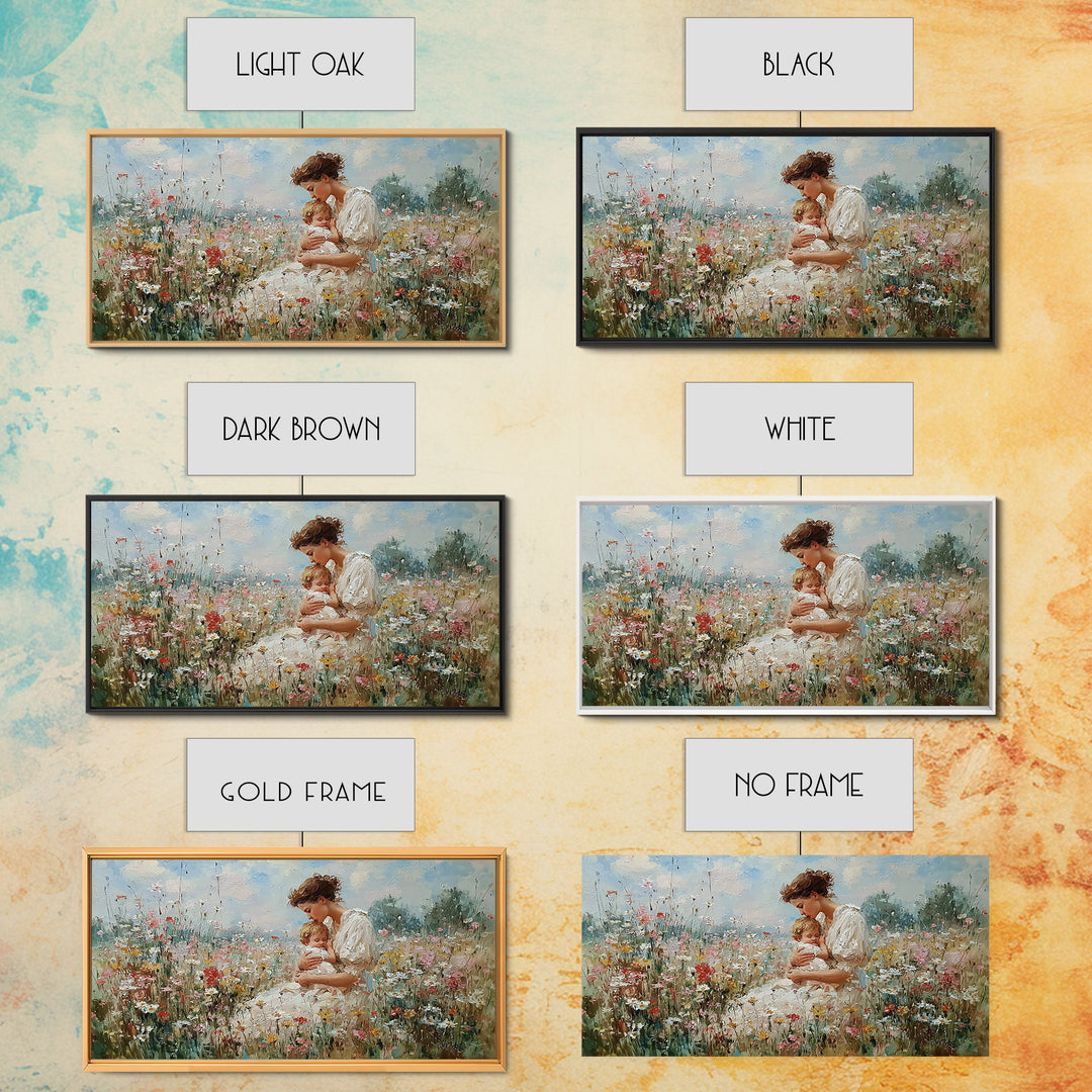 Mother And Baby In Wildflower Meadow Canvas Print, Impressionist Floral Nursery Wall Art, Gift For Mom, Motherhood Decor