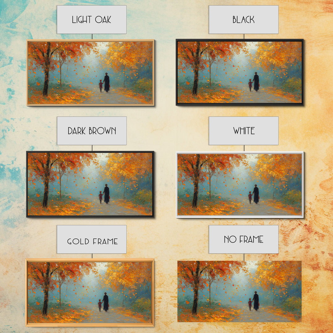 Father And Child Walking Orange Autumn Path Framed Canvas Print, Fall Forest Wall Art, Family Gift, Cozy Living Room Decor