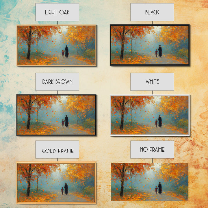 Father And Child Walking Orange Autumn Path Framed Canvas Print, Fall Forest Wall Art, Family Gift, Cozy Living Room Decor