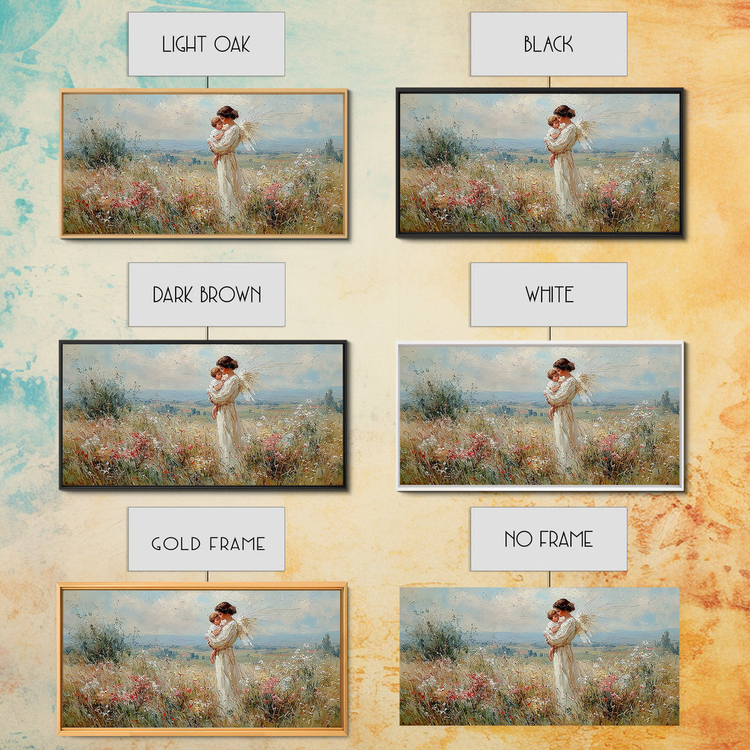 White Angel Mother And Child In Sunlit Wildflower Field Wall Art, Christian Home Decor, Serene Nursery Art Print Gift For Her