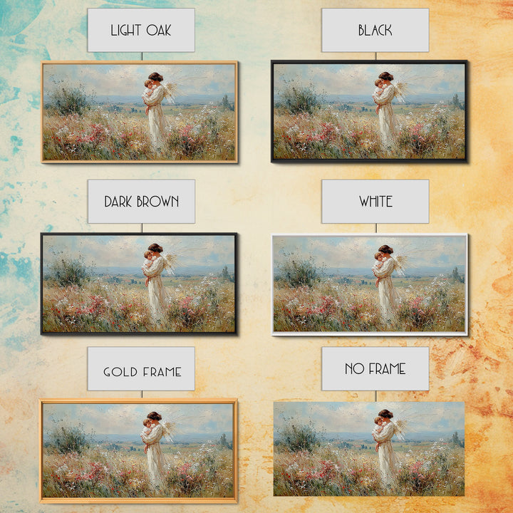 White Angel Mother And Child In Sunlit Wildflower Field Wall Art, Christian Home Decor, Serene Nursery Art Print Gift For Her