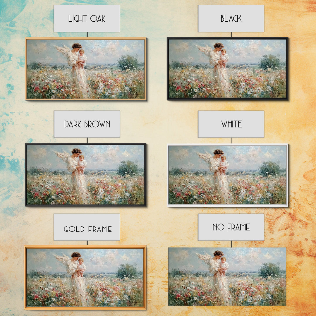Impressionist Angel Mother With Baby In Daisy Meadow Framed Canvas Print, Christian Nursery Decor, Motherhood Wall Art Gift