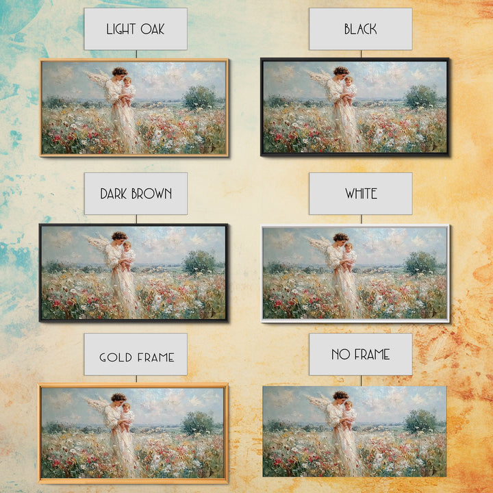 Impressionist Angel Mother With Baby In Daisy Meadow Framed Canvas Print, Christian Nursery Decor, Motherhood Wall Art Gift