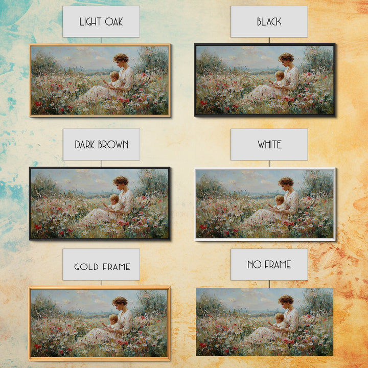 Seaside Wildflower Mother And Child Canvas Print, Impressionist Meadow Landscape, Mother's Day Gift, Living Room Home Decor