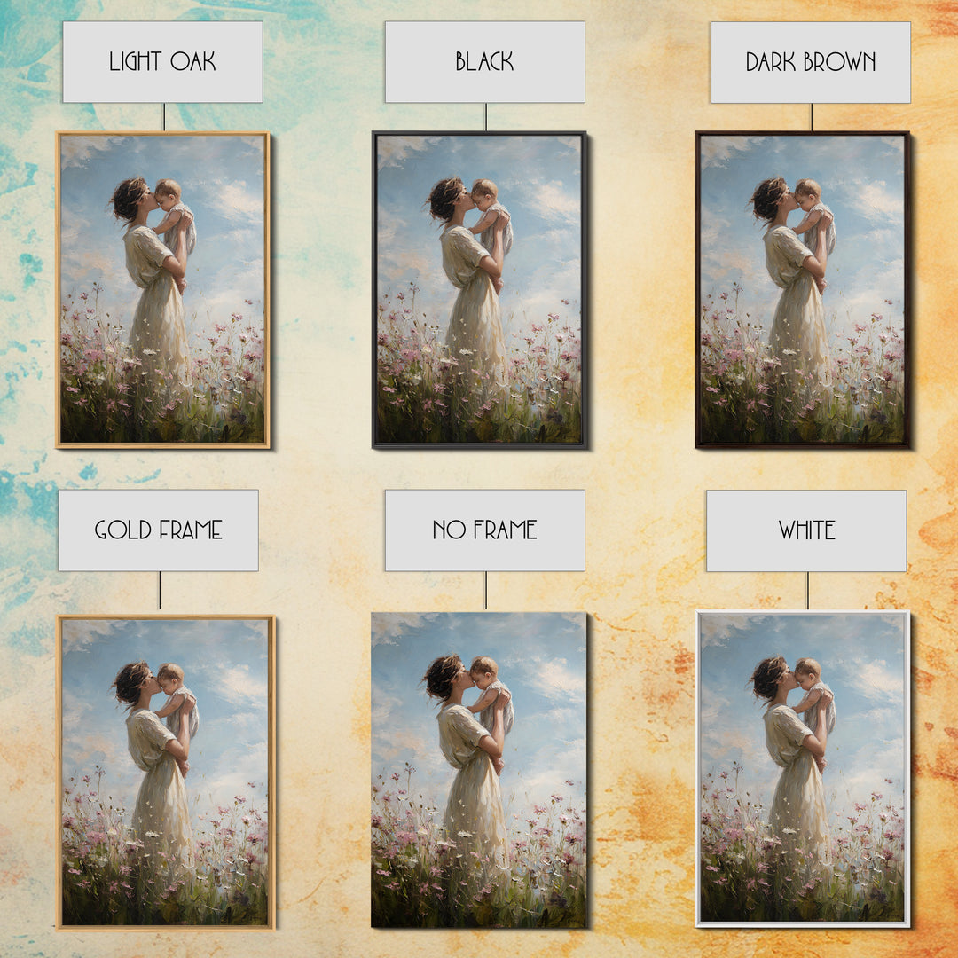 Mother Holding Baby In Wildflower Meadow Framed Canvas Print, Soft Sky Nursery Wall Art, Mothers Day Gift, Fine Art Print